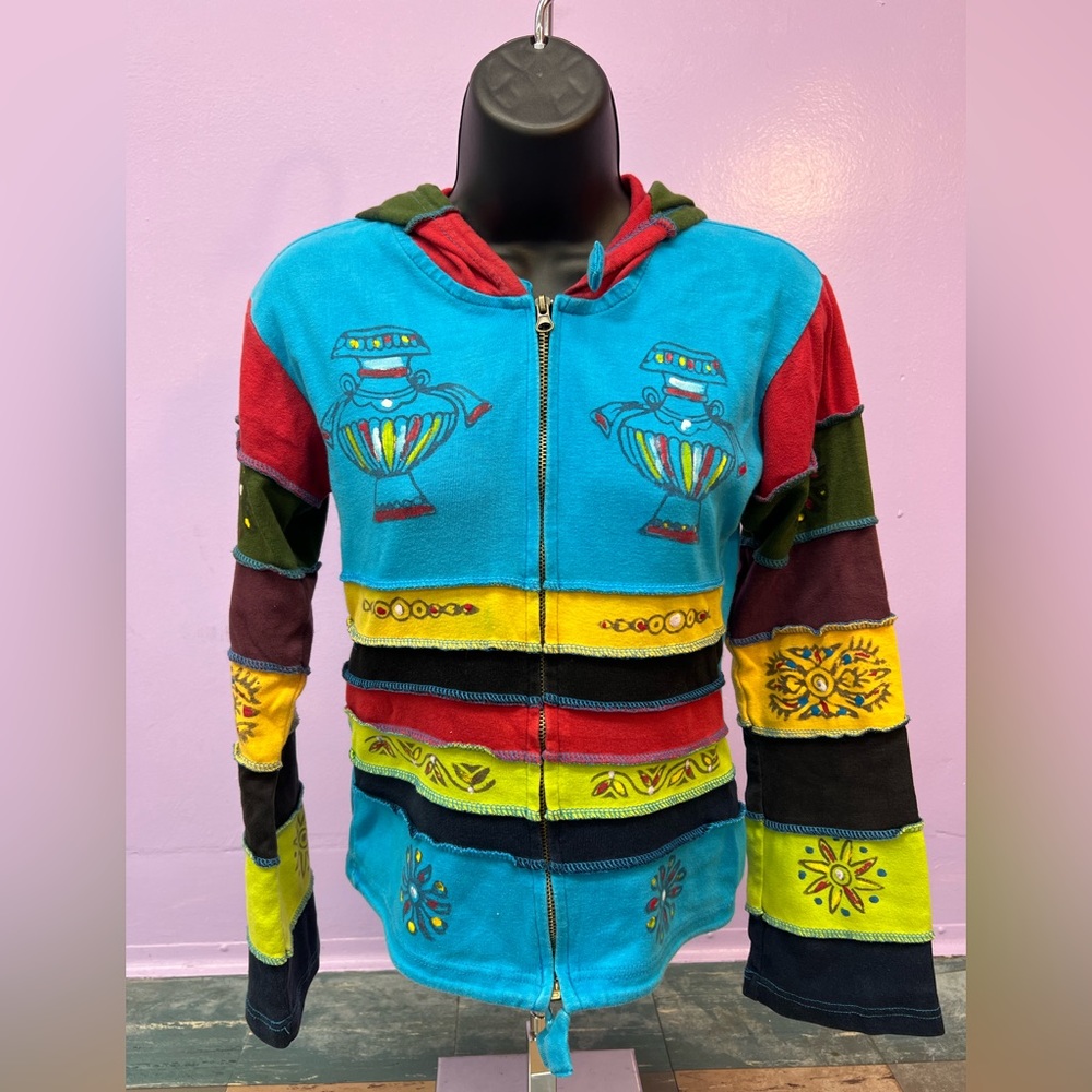 Ganesha Patchwork Hand Painted Zip Up Hoodie From… - image 1